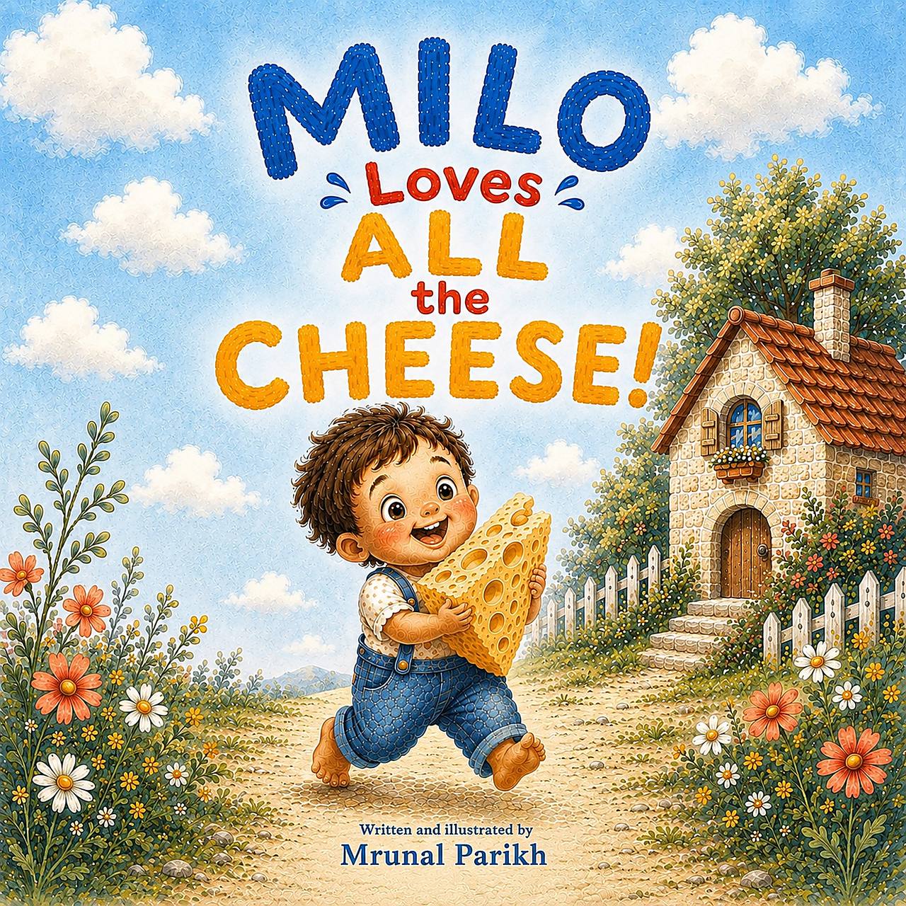 Front cover of Tiny Bite Books debut picture book — a cheese-loving toddler meets five chatty cheese characters